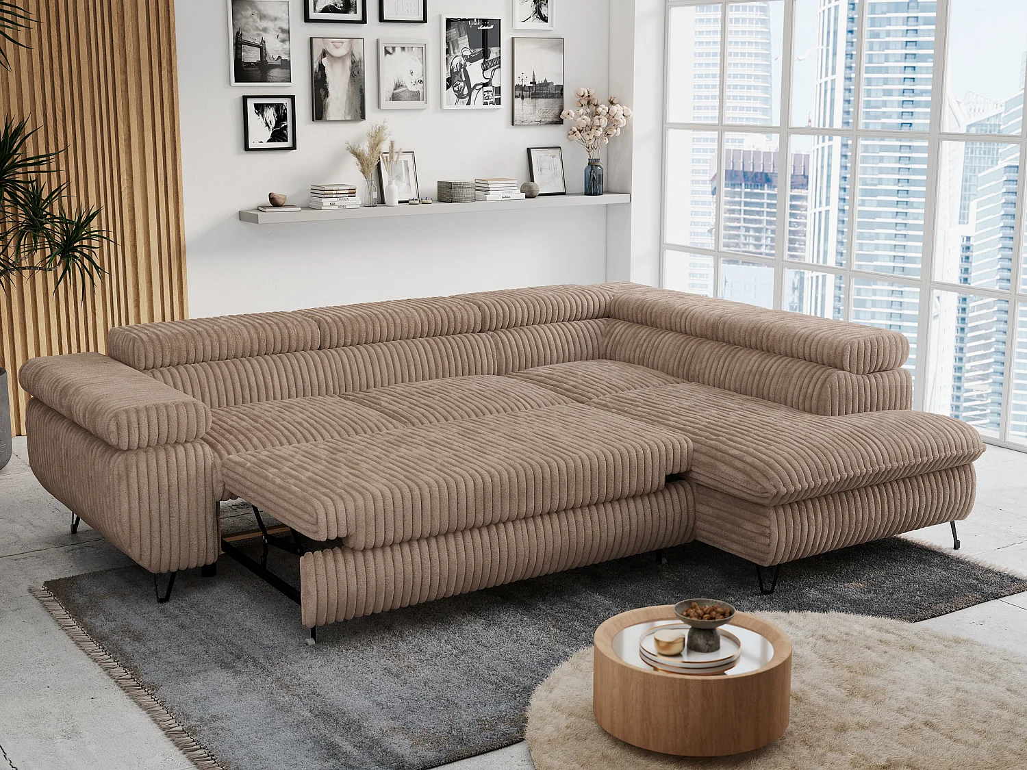 Ecksofa PETER verstellbare Kopfstütze, schlaffunktion - Braun Cord - Ecke Rechts