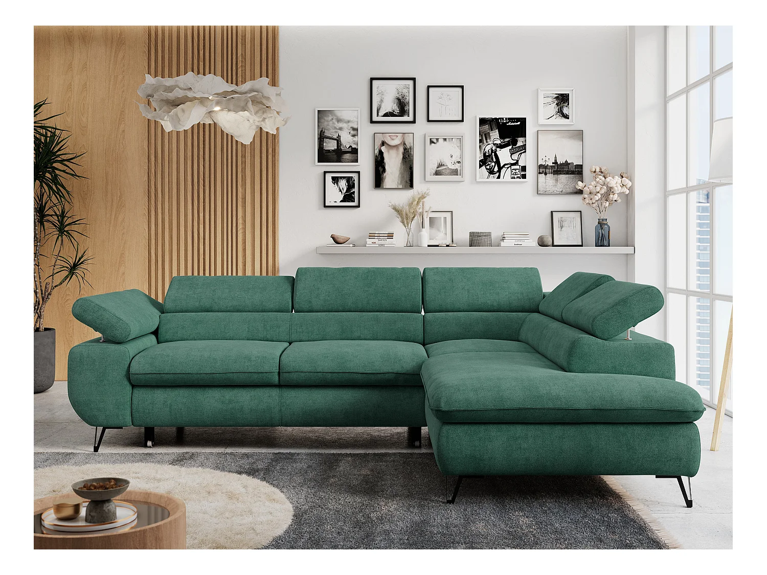 Ecksofa PETER verstellbare Kopfstütze, schlaffunktion - Grün Stukture - Ecke Rechts