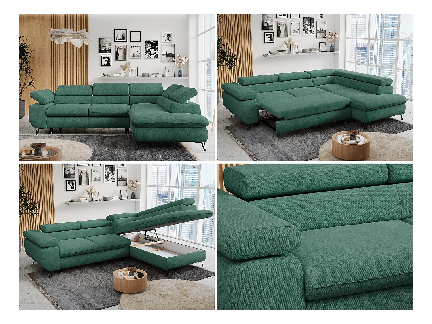 Ecksofa PETER verstellbare Kopfstütze, schlaffunktion - Grün Stukture - Ecke Rechts