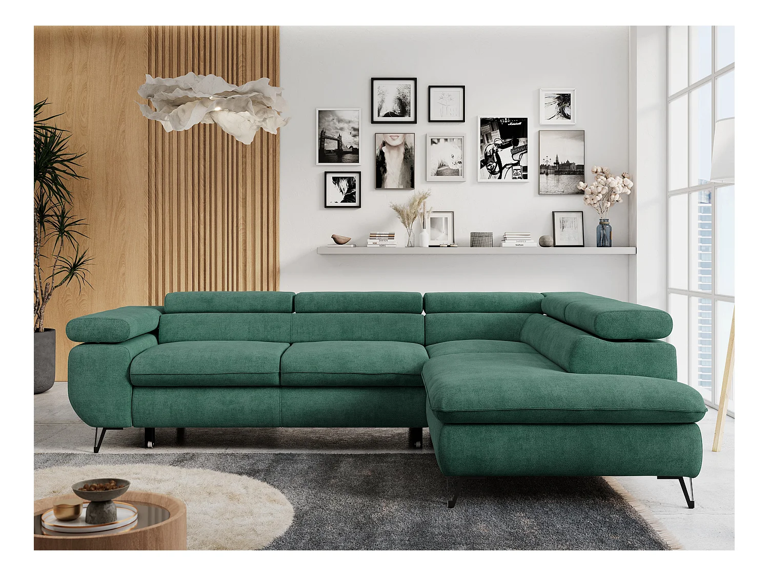 Ecksofa PETER verstellbare Kopfstütze, schlaffunktion - Grün Stukture - Ecke Rechts