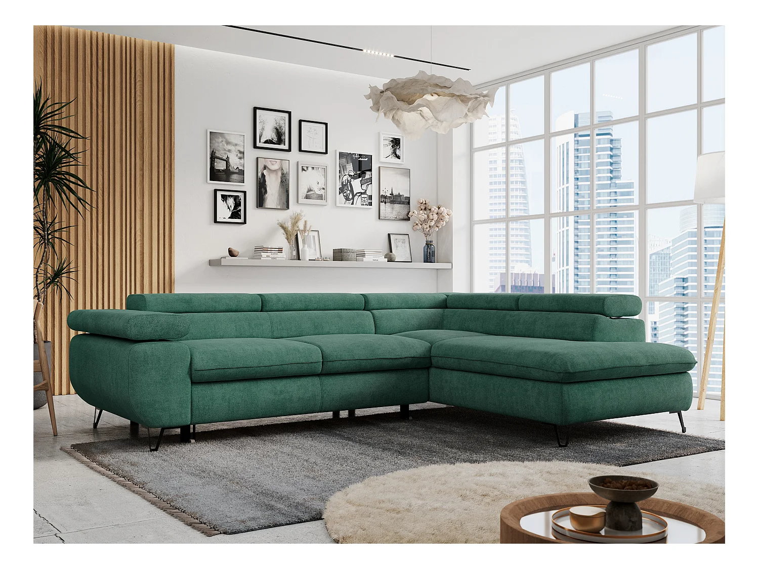 Ecksofa PETER verstellbare Kopfstütze, schlaffunktion - Grün Stukture - Ecke Rechts