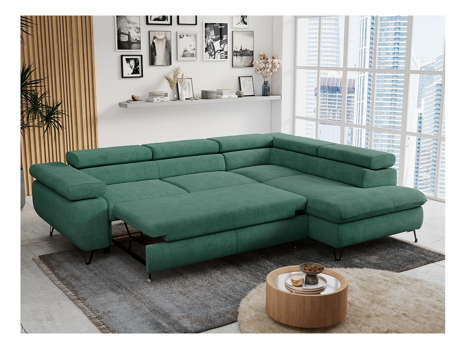 Ecksofa PETER verstellbare Kopfstütze, schlaffunktion - Grün Stukture - Ecke Rechts