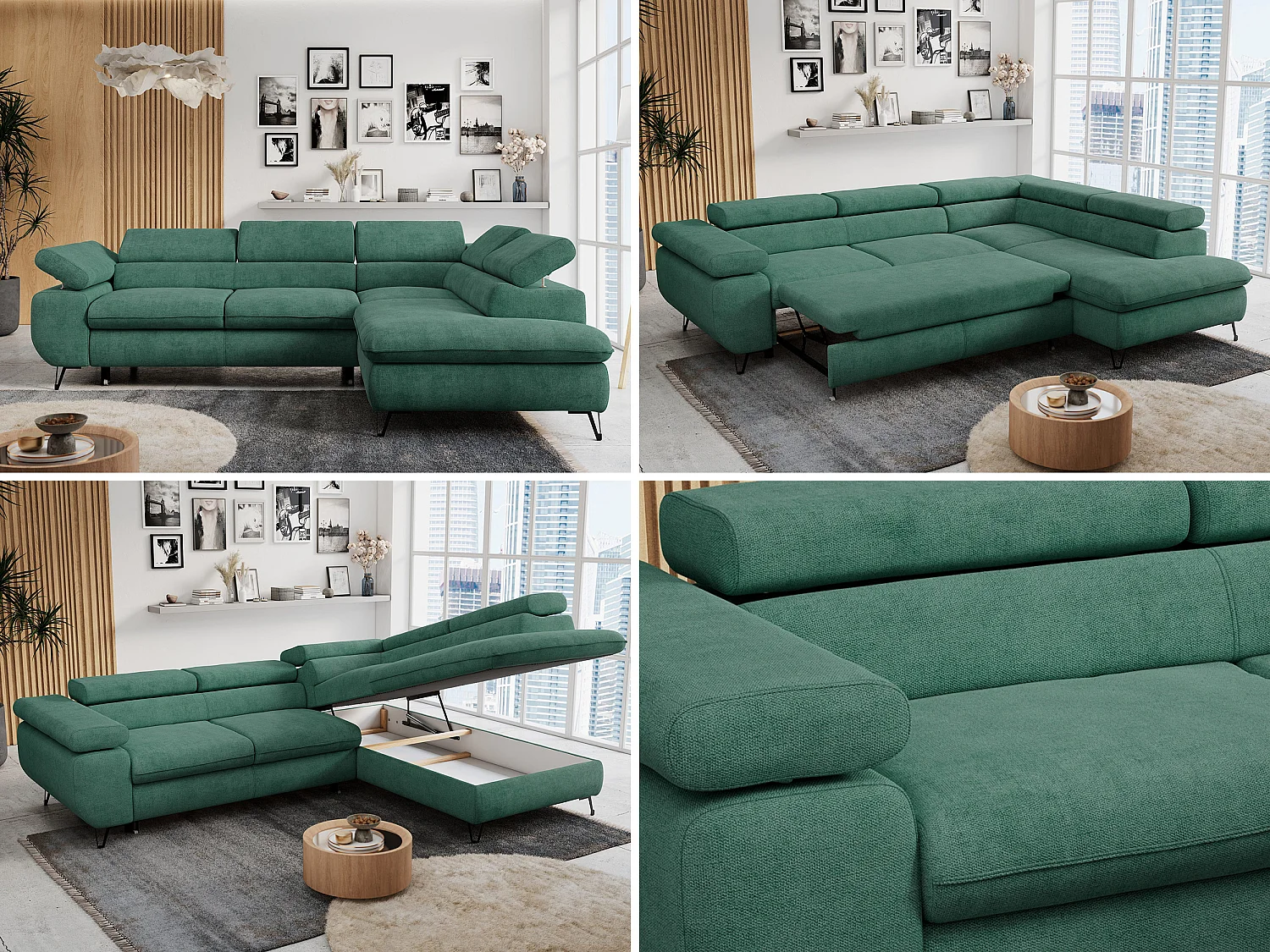 Ecksofa PETER verstellbare Kopfstütze, schlaffunktion - Grün Stukture - Ecke Rechts