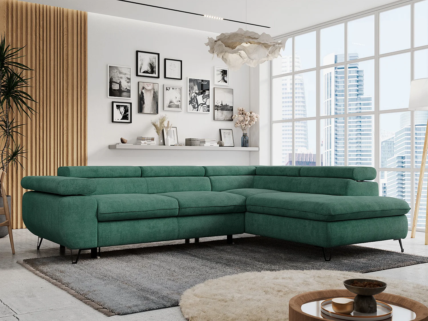 Ecksofa PETER verstellbare Kopfstütze, schlaffunktion - Grün Stukture - Ecke Rechts