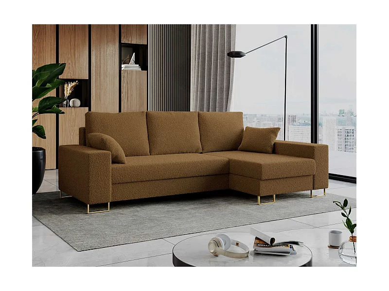 Ecksofa DORIAN - schlaffunktion und Bettkasten, lose Kissen - Braun Boucle