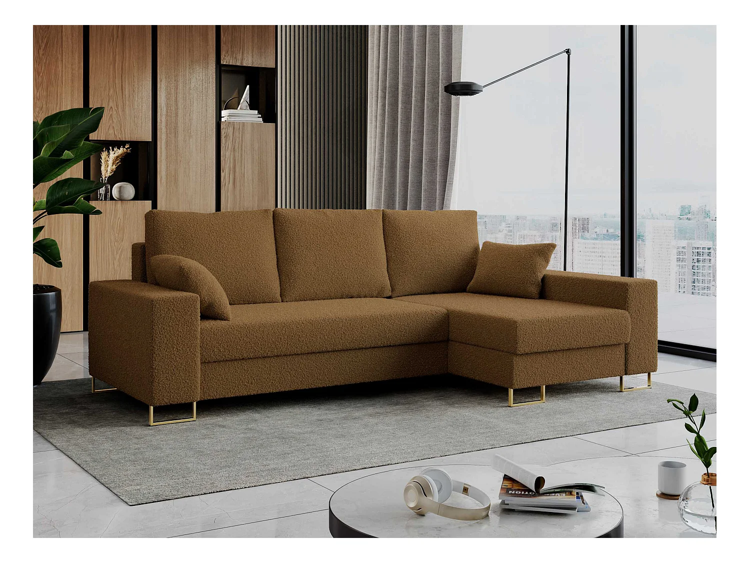 Ecksofa DORIAN - schlaffunktion und Bettkasten, lose Kissen - Braun Boucle