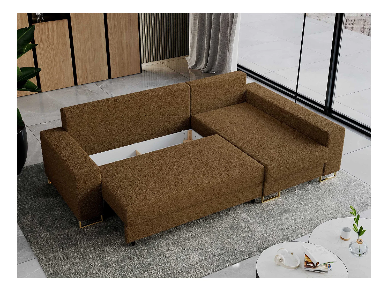 Ecksofa DORIAN - schlaffunktion und Bettkasten, lose Kissen - Braun Boucle