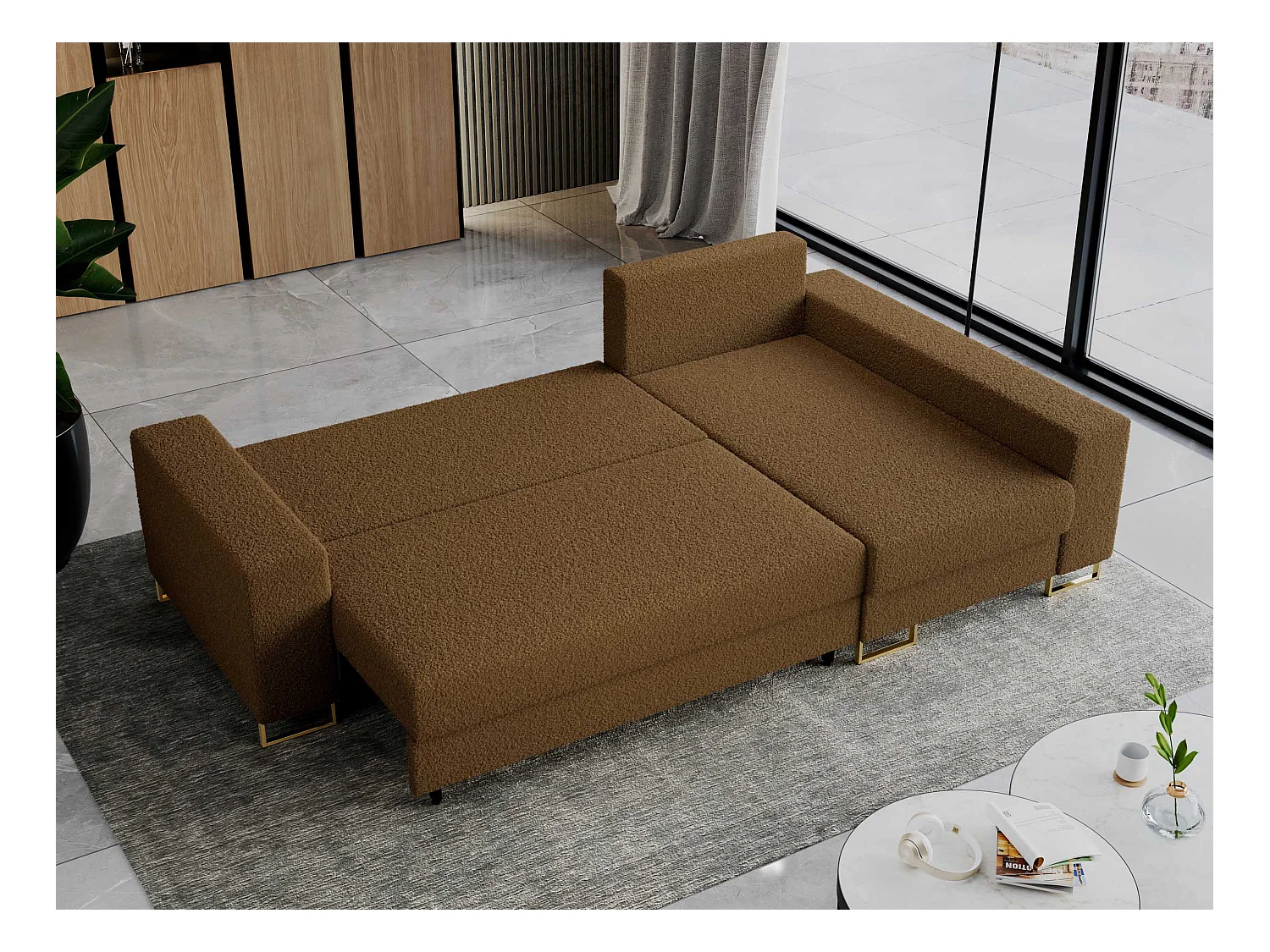 Ecksofa DORIAN - schlaffunktion und Bettkasten, lose Kissen - Braun Boucle