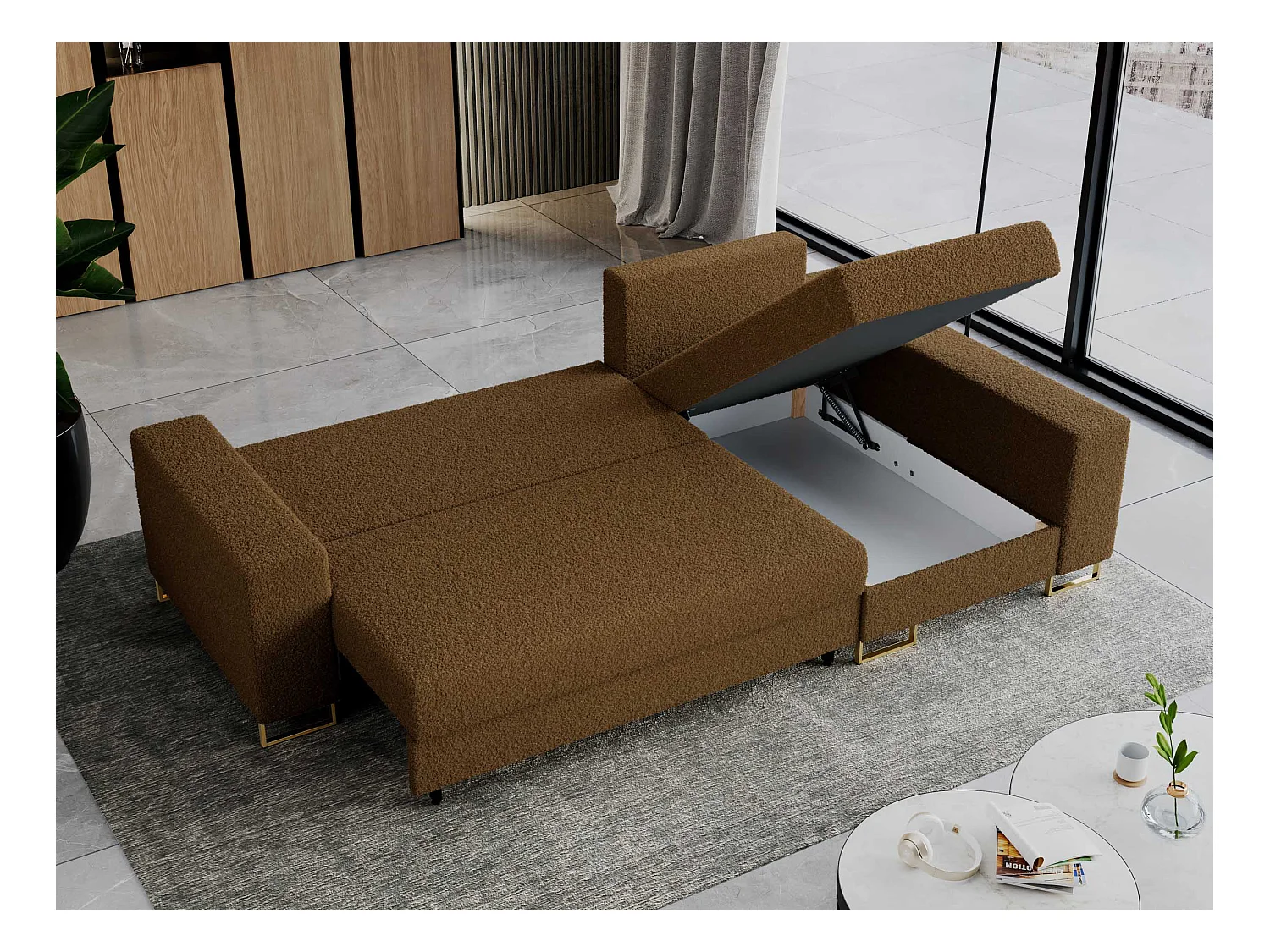 Ecksofa DORIAN - schlaffunktion und Bettkasten, lose Kissen - Braun Boucle