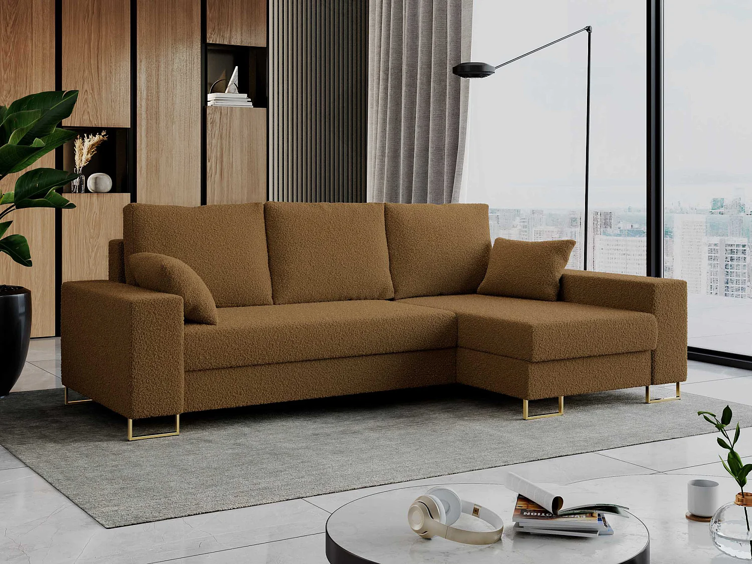 Ecksofa DORIAN - schlaffunktion und Bettkasten, lose Kissen - Braun Boucle