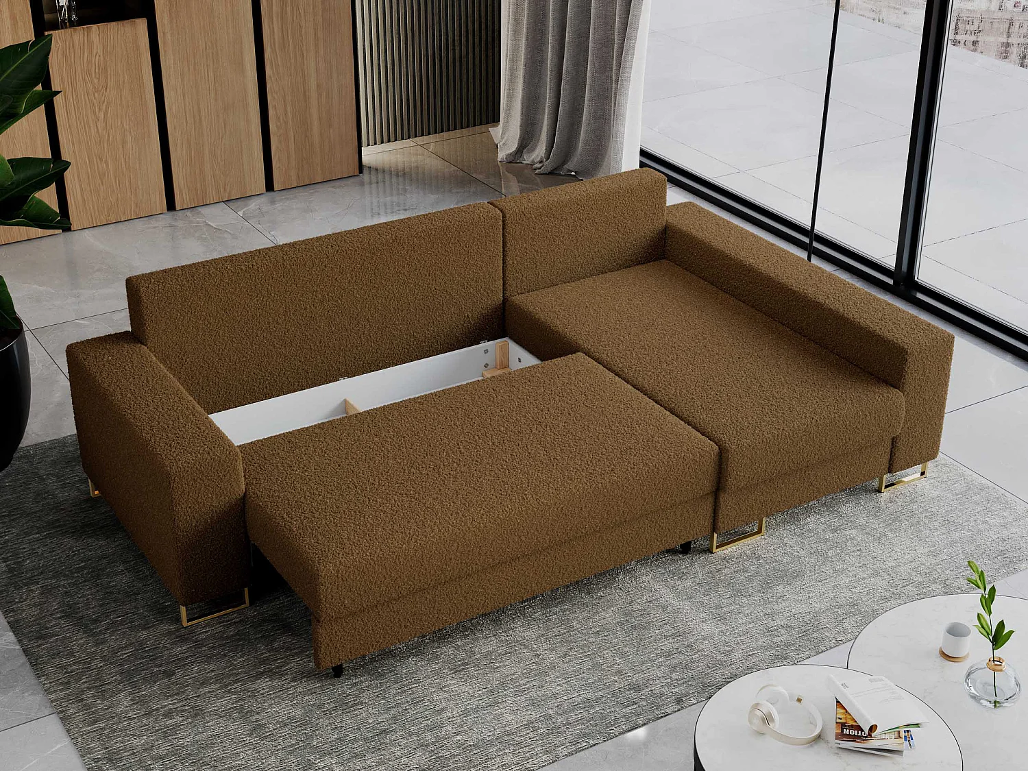 Ecksofa DORIAN - schlaffunktion und Bettkasten, lose Kissen - Braun Boucle