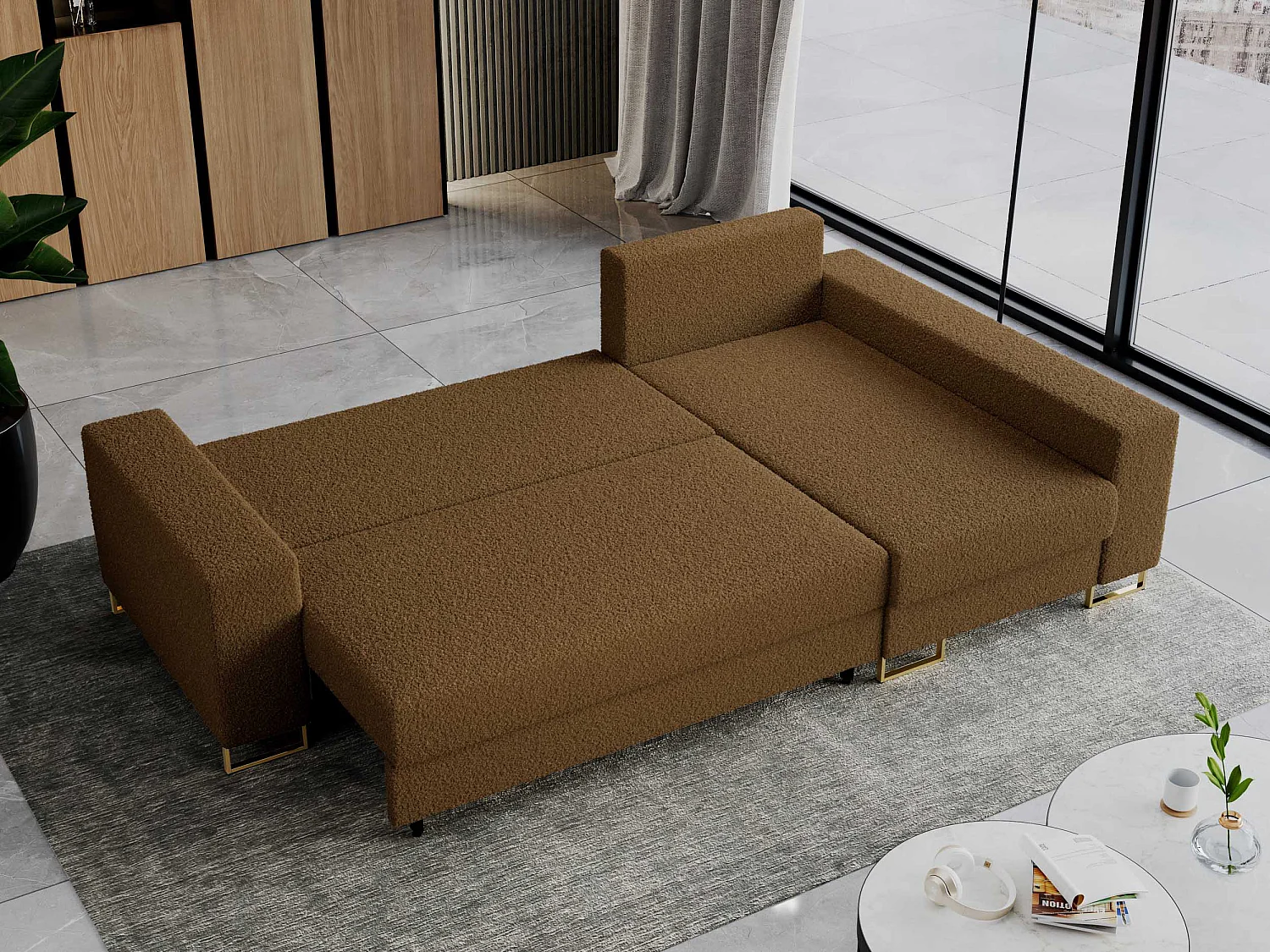 Ecksofa DORIAN - schlaffunktion und Bettkasten, lose Kissen - Braun Boucle