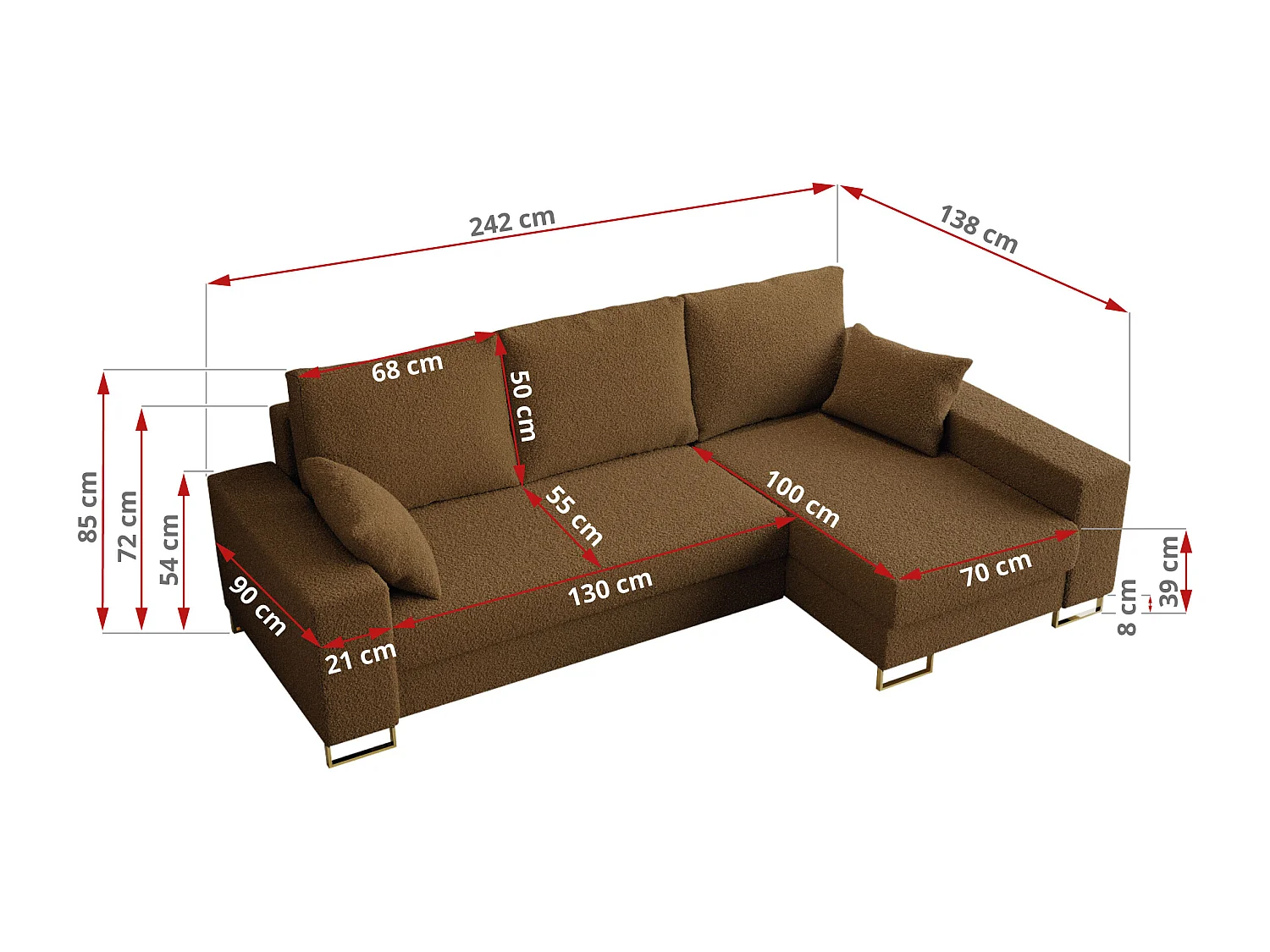 Ecksofa DORIAN - schlaffunktion und Bettkasten, lose Kissen - Braun Boucle