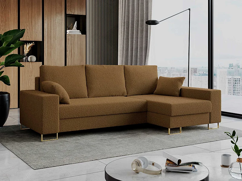 Ecksofa DORIAN - schlaffunktion und Bettkasten, lose Kissen - Braun Boucle