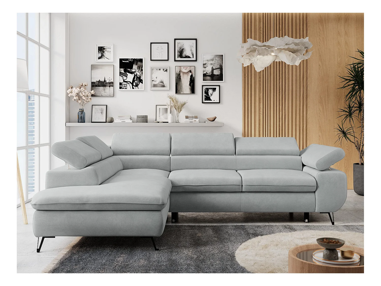 Ecksofa PETER verstellbare Kopfstütze, schlaffunktion - Hellgrau Velvet - Ecke Links