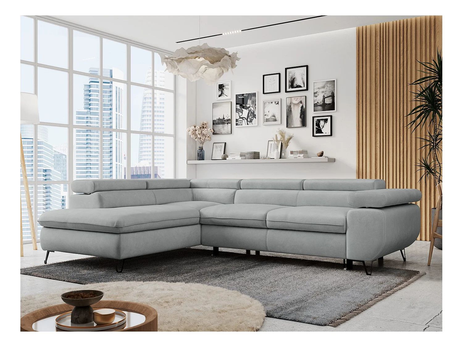 Ecksofa PETER verstellbare Kopfstütze, schlaffunktion - Hellgrau Velvet - Ecke Links