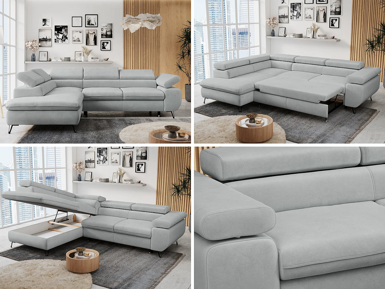 Ecksofa PETER verstellbare Kopfstütze, schlaffunktion - Hellgrau Velvet - Ecke Links