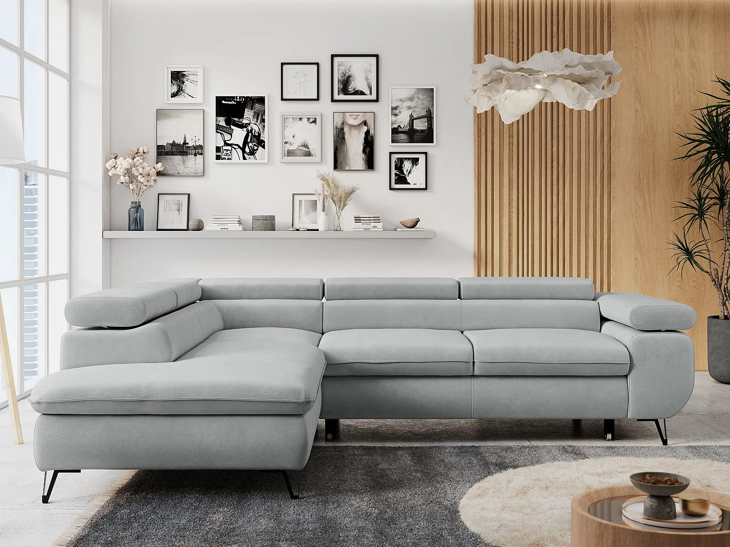 Ecksofa PETER verstellbare Kopfstütze, schlaffunktion - Hellgrau Velvet - Ecke Links