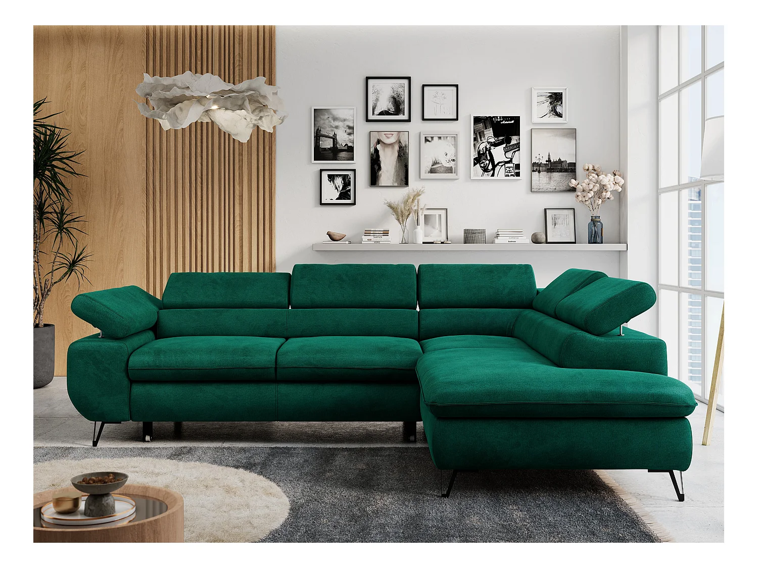 Ecksofa PETER verstellbare Kopfstütze, schlaffunktion - Dunkelgrün Velvet - Ecke Rechts