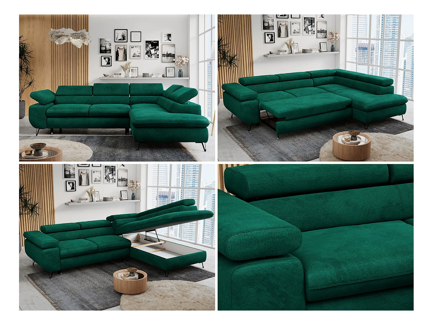 Ecksofa PETER verstellbare Kopfstütze, schlaffunktion - Dunkelgrün Velvet - Ecke Rechts