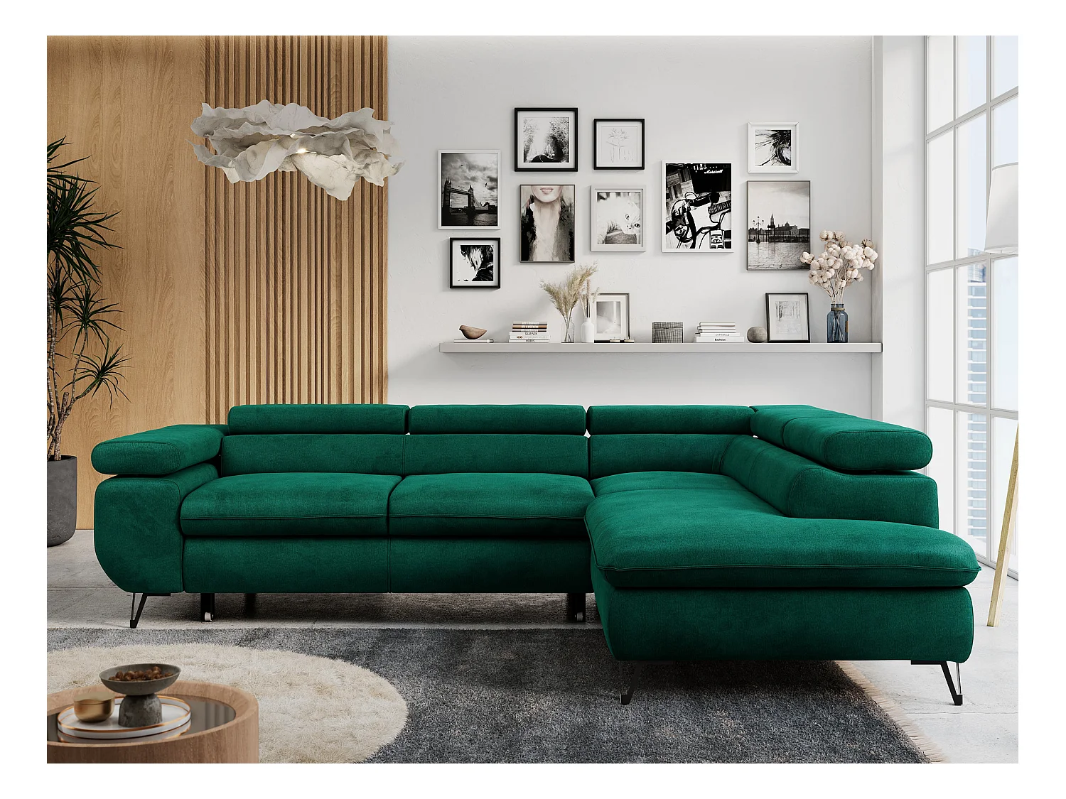 Ecksofa PETER verstellbare Kopfstütze, schlaffunktion - Dunkelgrün Velvet - Ecke Rechts