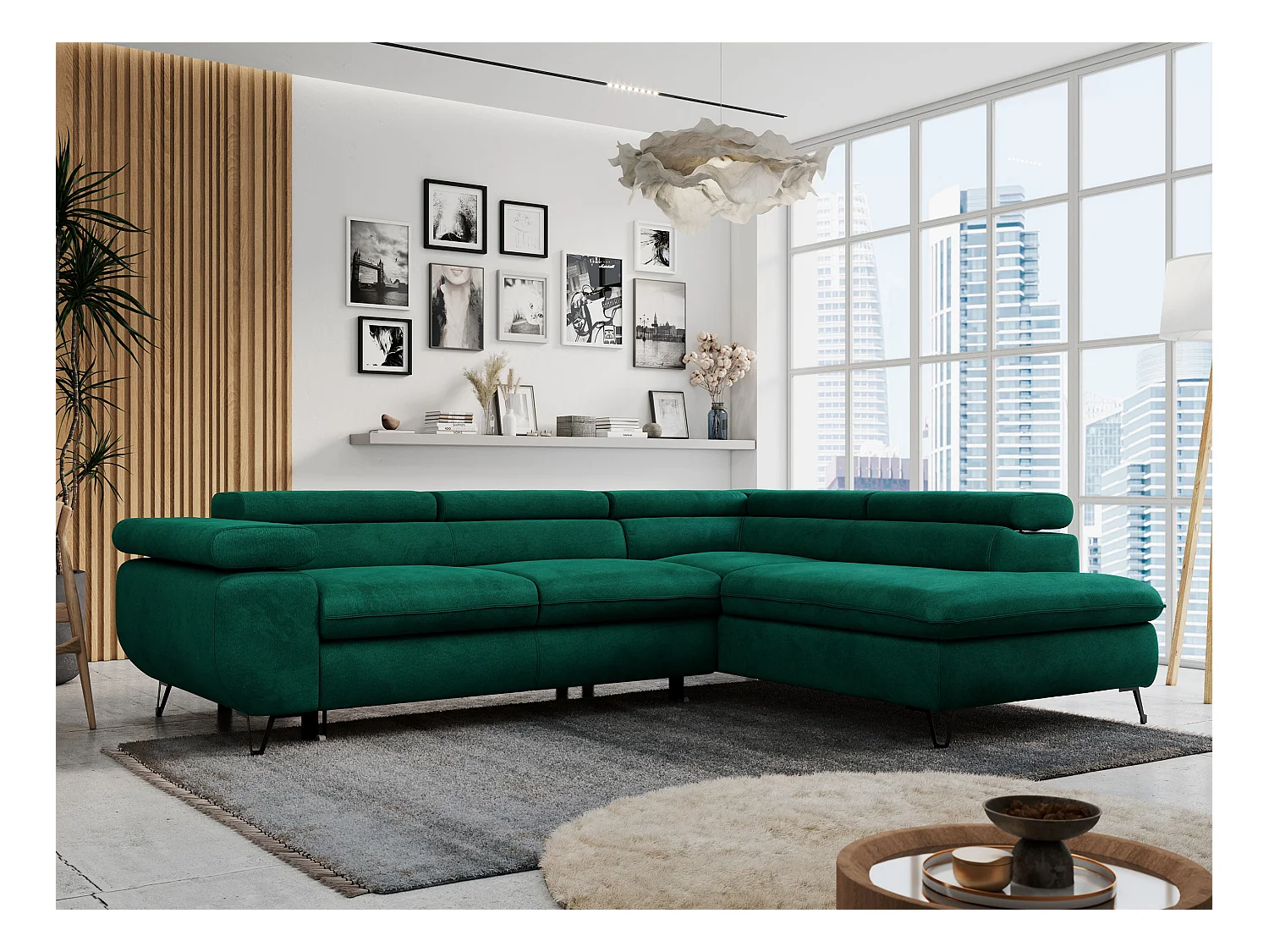 Ecksofa PETER verstellbare Kopfstütze, schlaffunktion - Dunkelgrün Velvet - Ecke Rechts