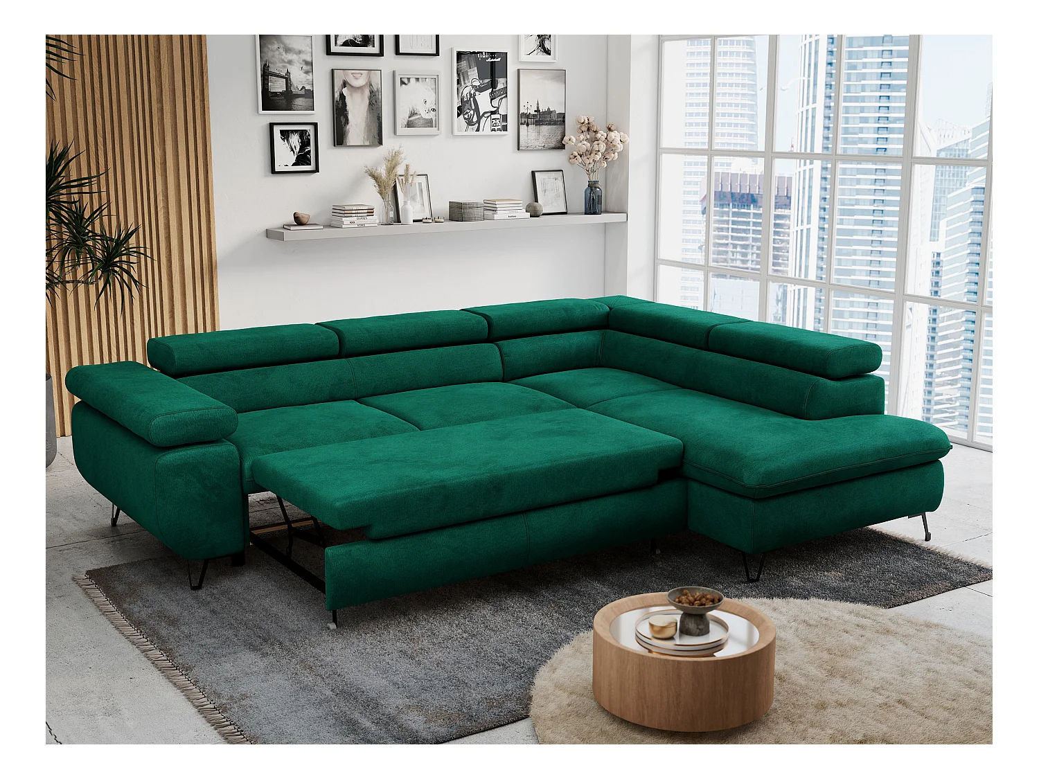 Ecksofa PETER verstellbare Kopfstütze, schlaffunktion - Dunkelgrün Velvet - Ecke Rechts