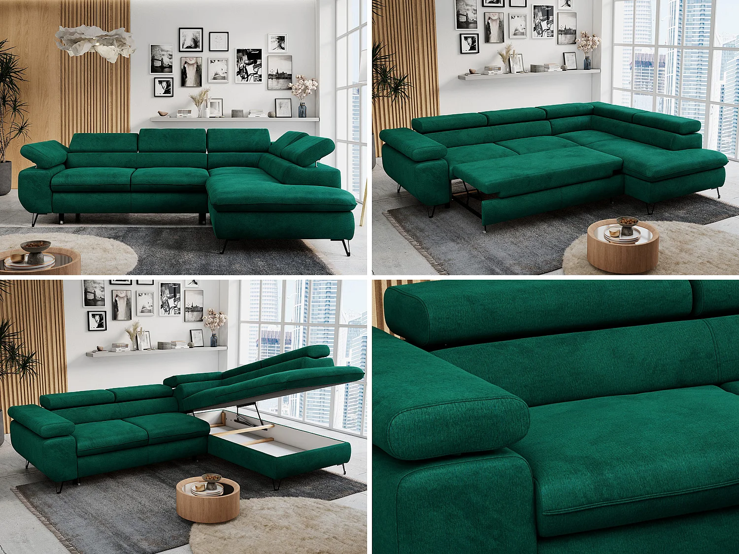 Ecksofa PETER verstellbare Kopfstütze, schlaffunktion - Dunkelgrün Velvet - Ecke Rechts