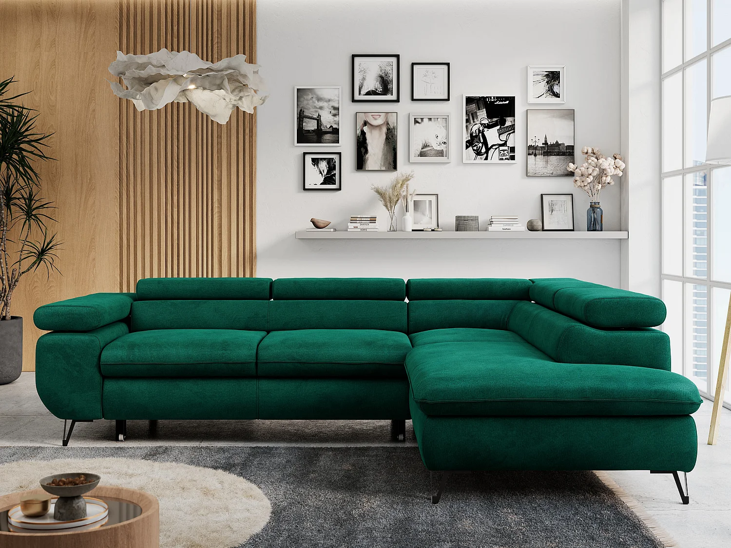 Ecksofa PETER verstellbare Kopfstütze, schlaffunktion - Dunkelgrün Velvet - Ecke Rechts