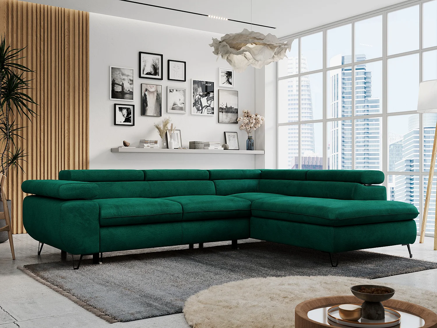 Ecksofa PETER verstellbare Kopfstütze, schlaffunktion - Dunkelgrün Velvet - Ecke Rechts