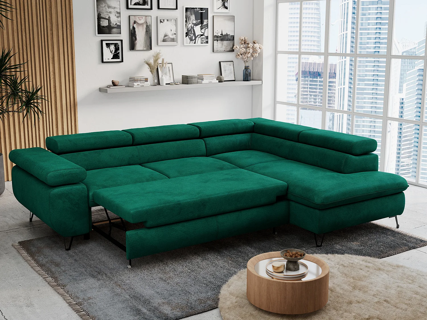 Ecksofa PETER verstellbare Kopfstütze, schlaffunktion - Dunkelgrün Velvet - Ecke Rechts