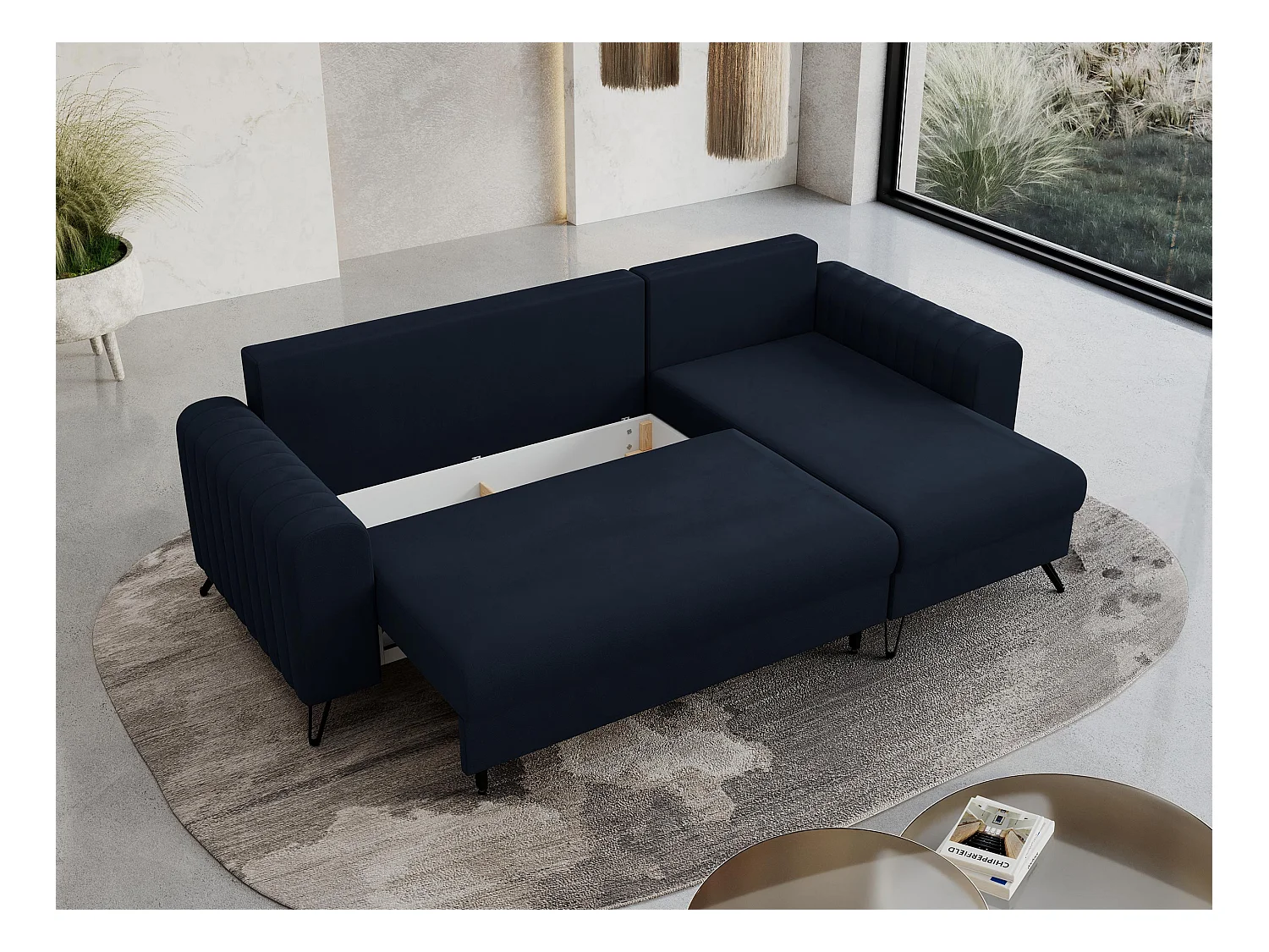 Ecksofa AXEL - universal mit schlaffunktion, Bettkasten - Dunkelblau Velvet