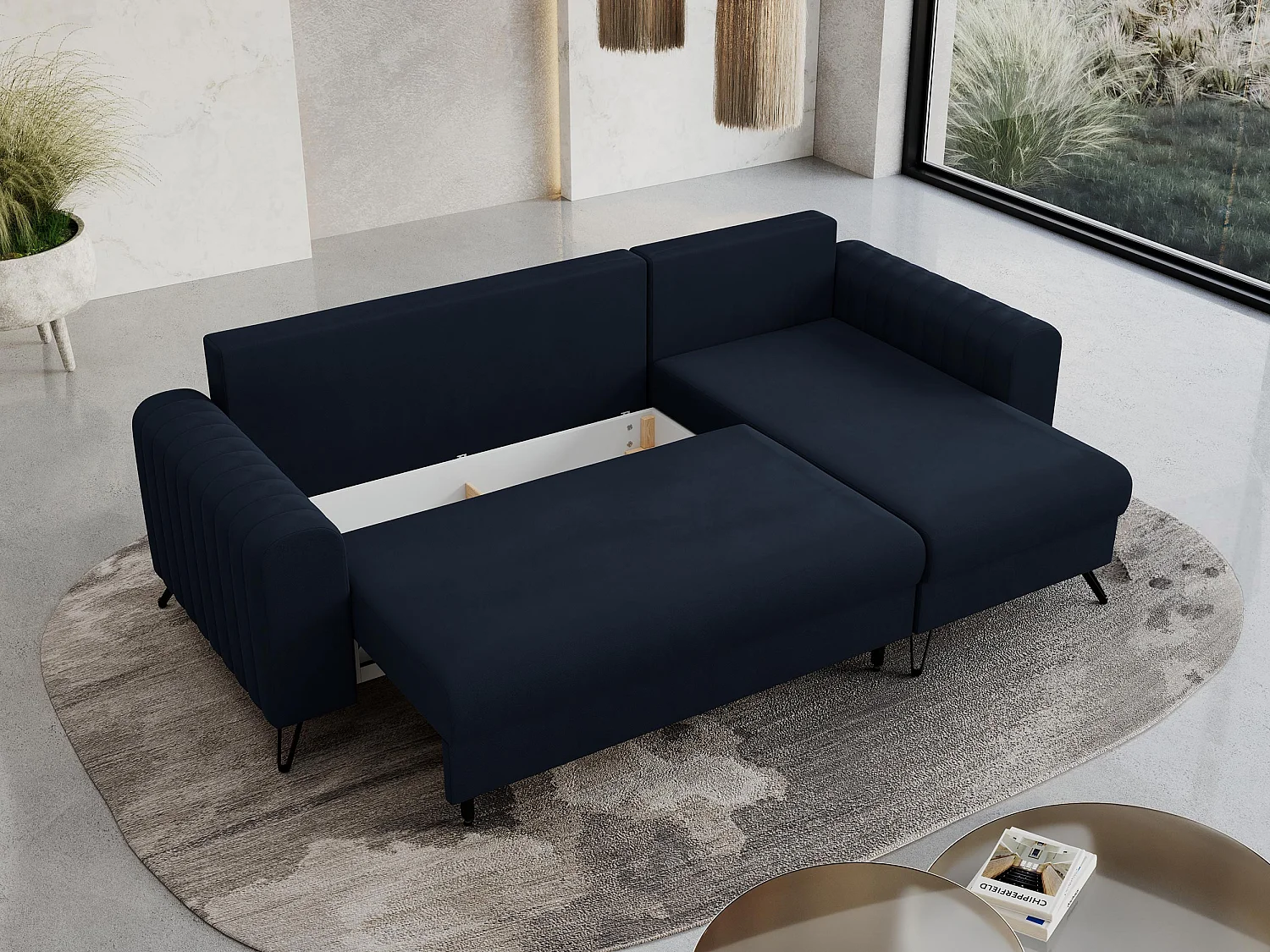 Ecksofa AXEL - universal mit schlaffunktion, Bettkasten - Dunkelblau Velvet