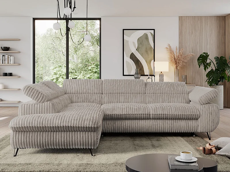 Ecksofa PEDRO - L-Form mit Schlaffunktion 200x125 cm, verstellbaren Kopfstützen - Grau Cord - Ecke Links