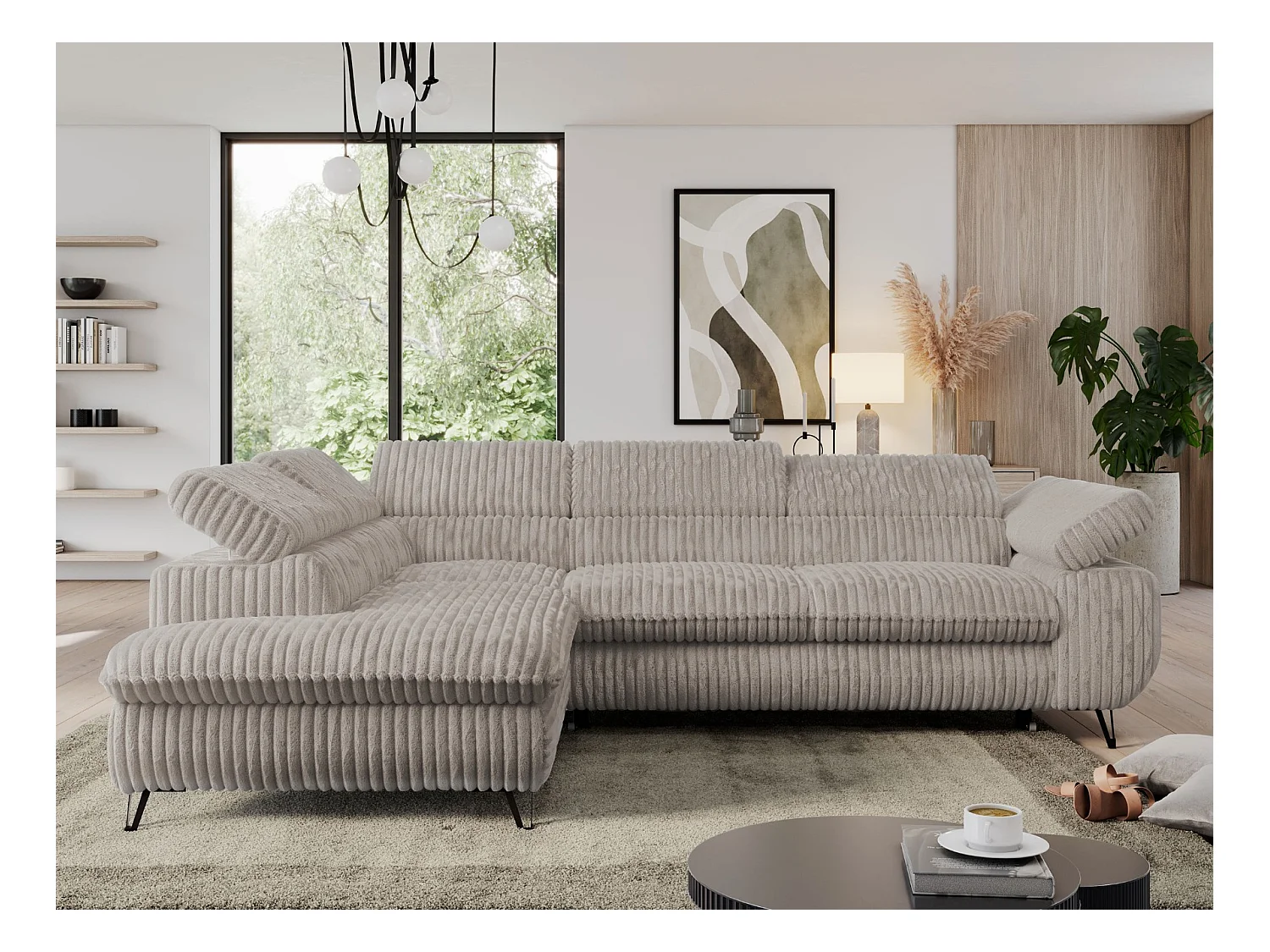 Ecksofa PEDRO - L-Form mit Schlaffunktion 200x125 cm, verstellbaren Kopfstützen - Grau Cord - Ecke Links