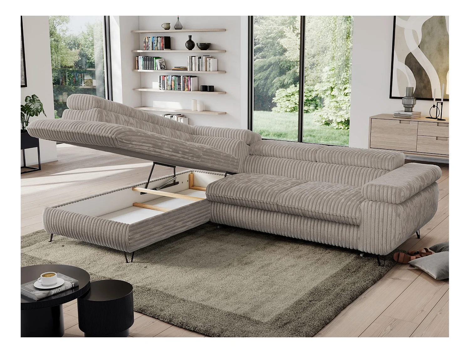 Ecksofa PEDRO - L-Form mit Schlaffunktion 200x125 cm, verstellbaren Kopfstützen - Grau Cord - Ecke Links
