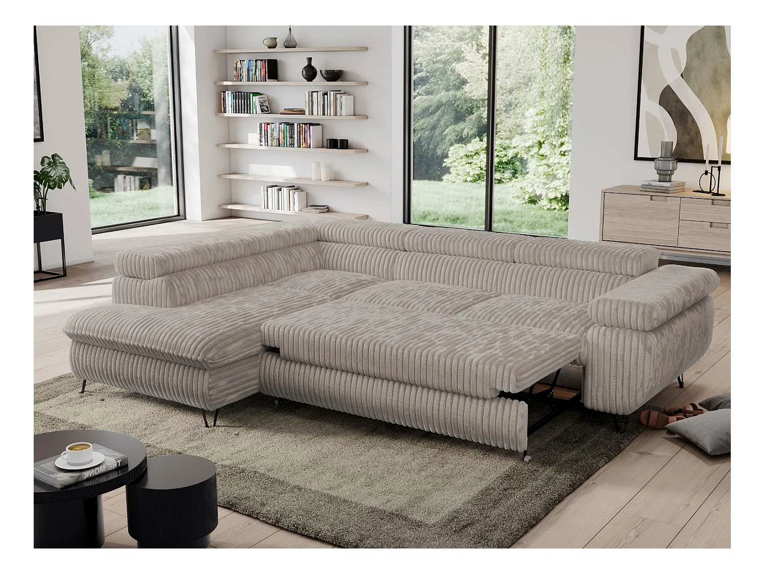 Ecksofa PEDRO - L-Form mit Schlaffunktion 200x125 cm, verstellbaren Kopfstützen - Grau Cord - Ecke Links