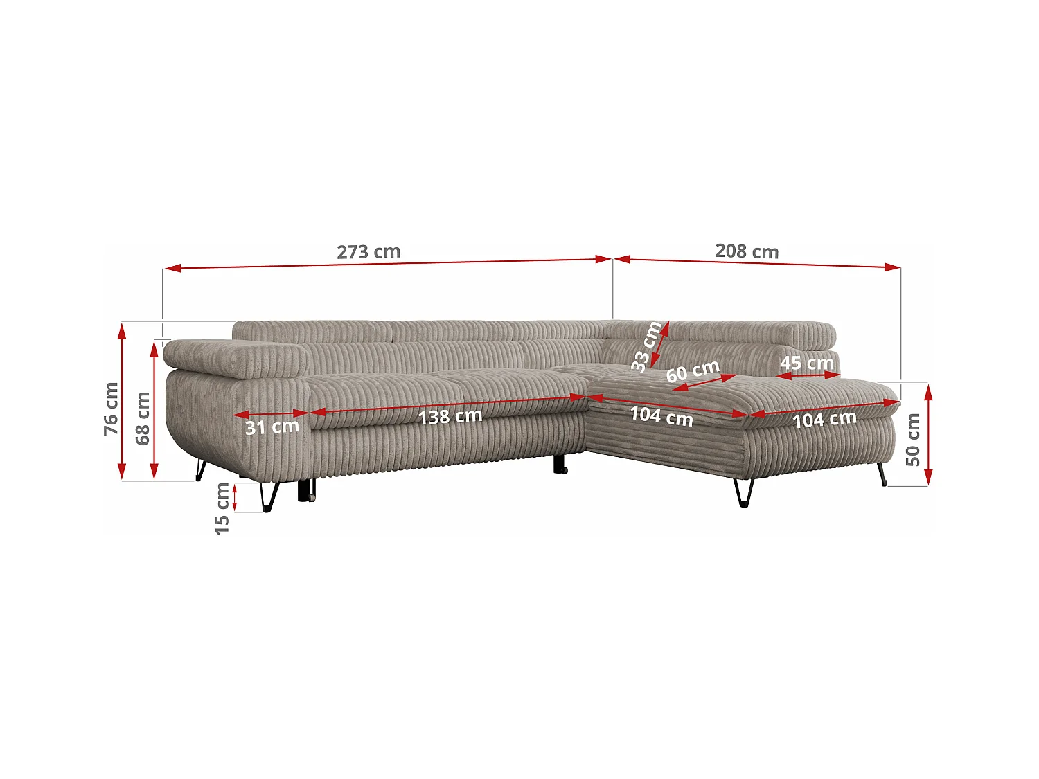 Ecksofa PEDRO - L-Form mit Schlaffunktion 200x125 cm, verstellbaren Kopfstützen - Grau Cord - Ecke Links