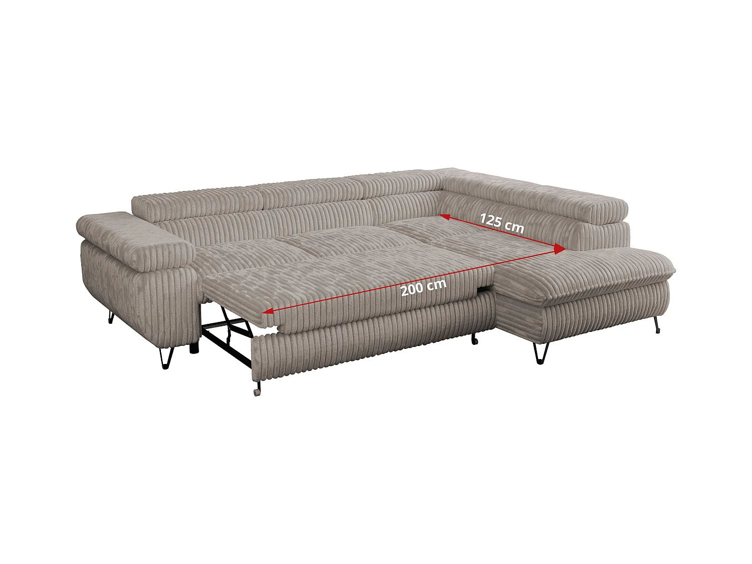 Ecksofa PEDRO - L-Form mit Schlaffunktion 200x125 cm, verstellbaren Kopfstützen - Grau Cord - Ecke Links