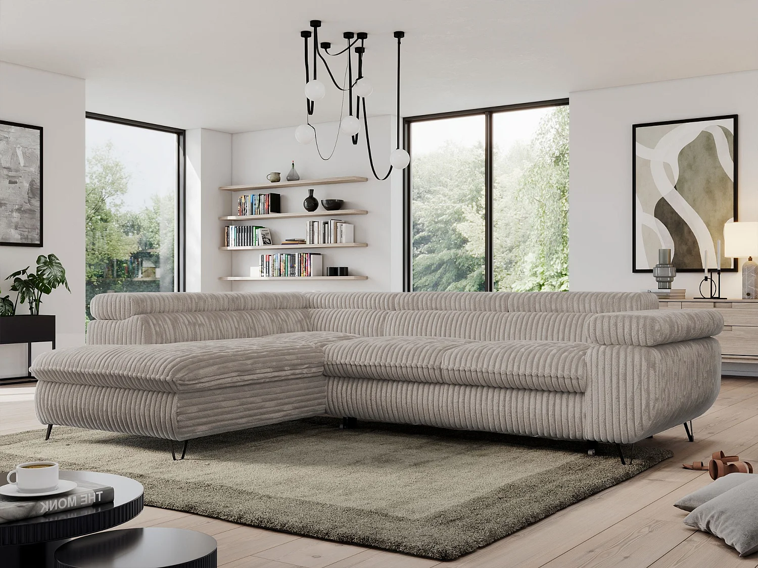 Ecksofa PEDRO - L-Form mit Schlaffunktion 200x125 cm, verstellbaren Kopfstützen - Grau Cord - Ecke Links