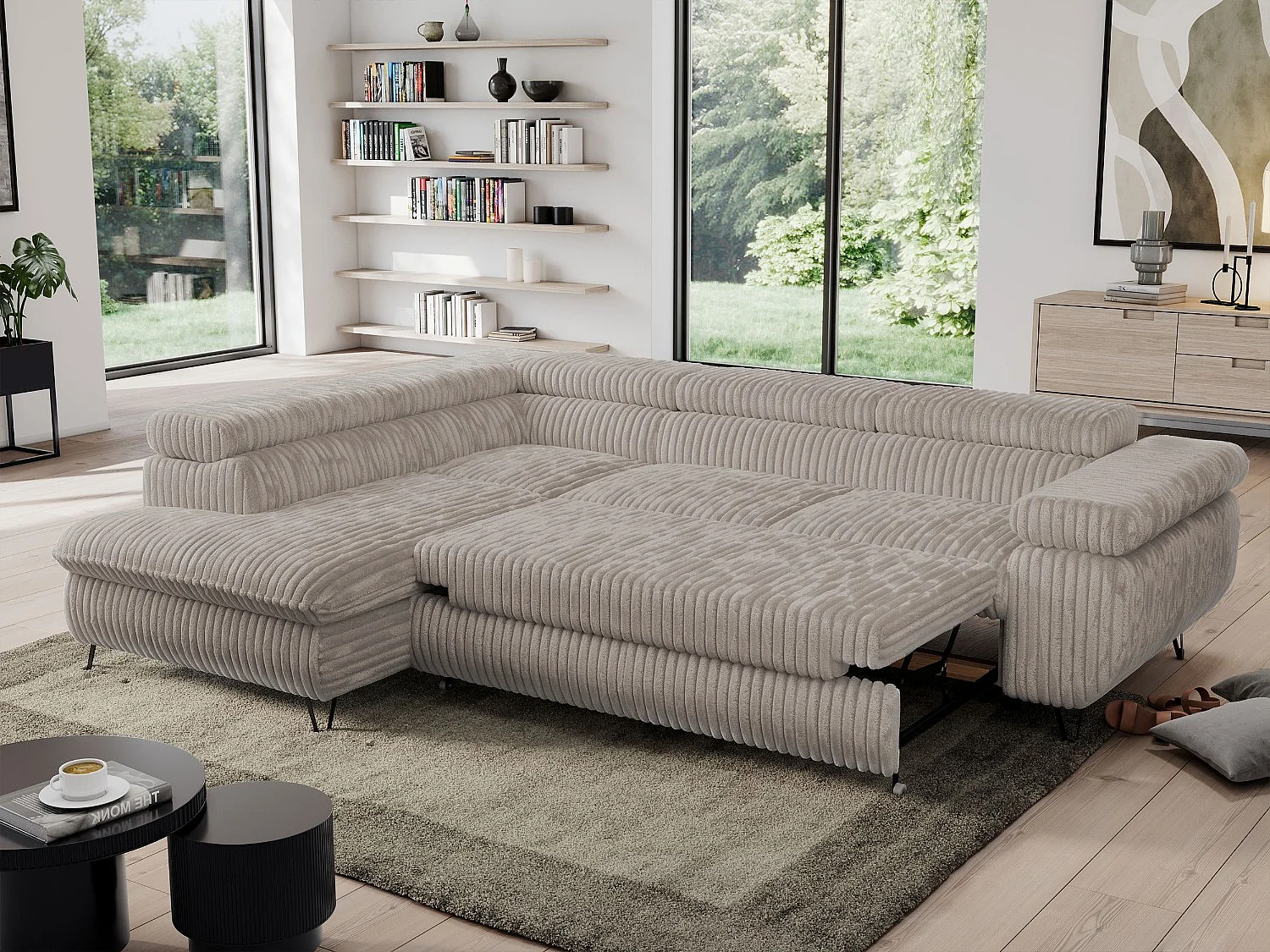Ecksofa PEDRO - L-Form mit Schlaffunktion 200x125 cm, verstellbaren Kopfstützen - Grau Cord - Ecke Links