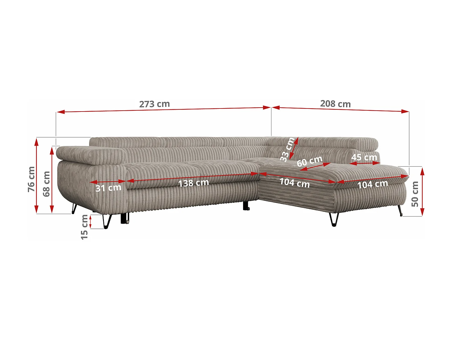 Ecksofa PEDRO - L-Form mit Schlaffunktion 200x125 cm, verstellbaren Kopfstützen - Grau Cord - Ecke Links