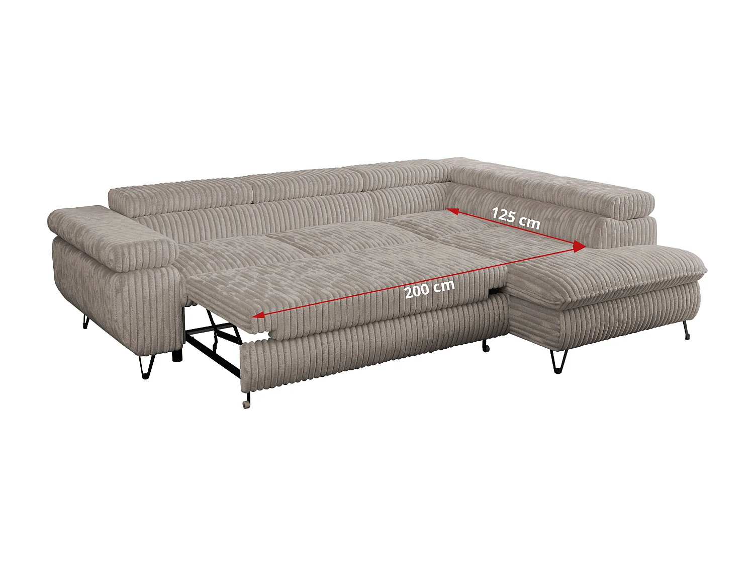 Ecksofa PEDRO - L-Form mit Schlaffunktion 200x125 cm, verstellbaren Kopfstützen - Grau Cord - Ecke Links