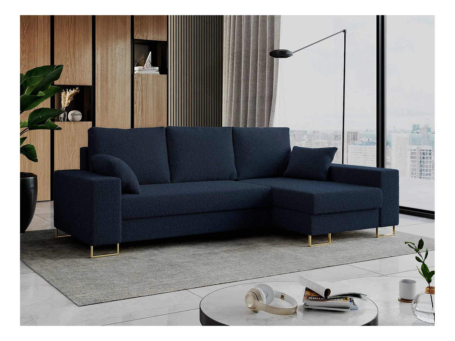 Ecksofa DORIAN - schlaffunktion und Bettkasten, lose Kissen - Dunkelblau Boucle