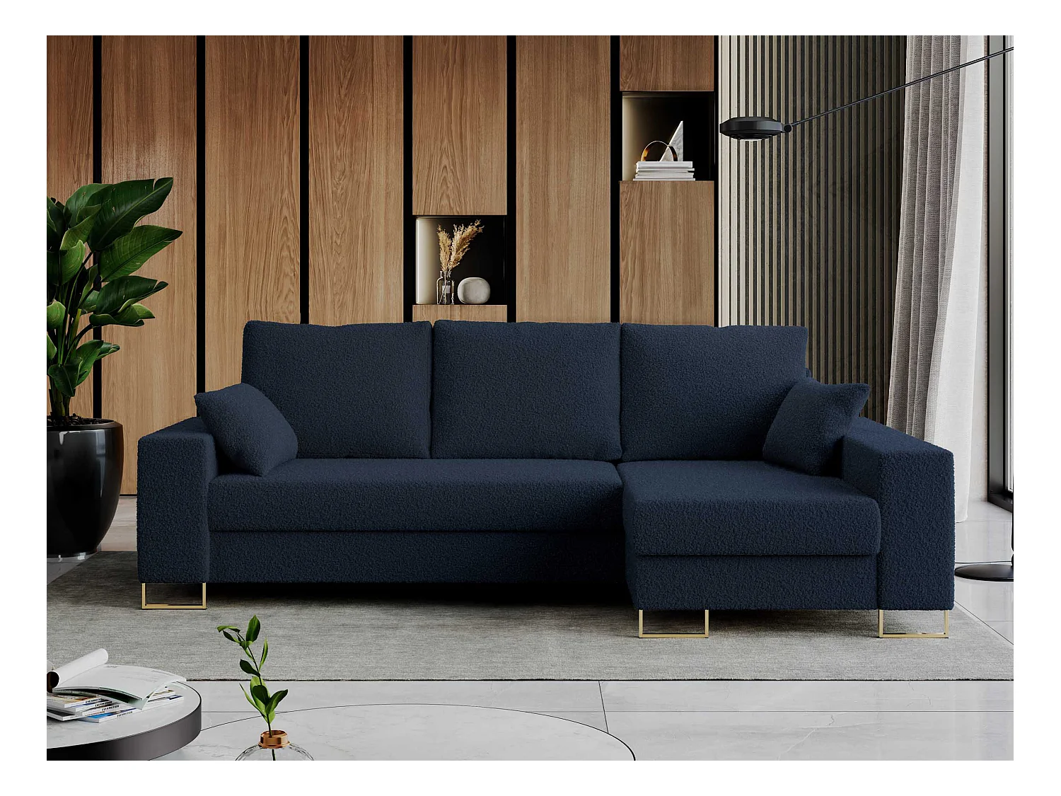 Ecksofa DORIAN - schlaffunktion und Bettkasten, lose Kissen - Dunkelblau Boucle