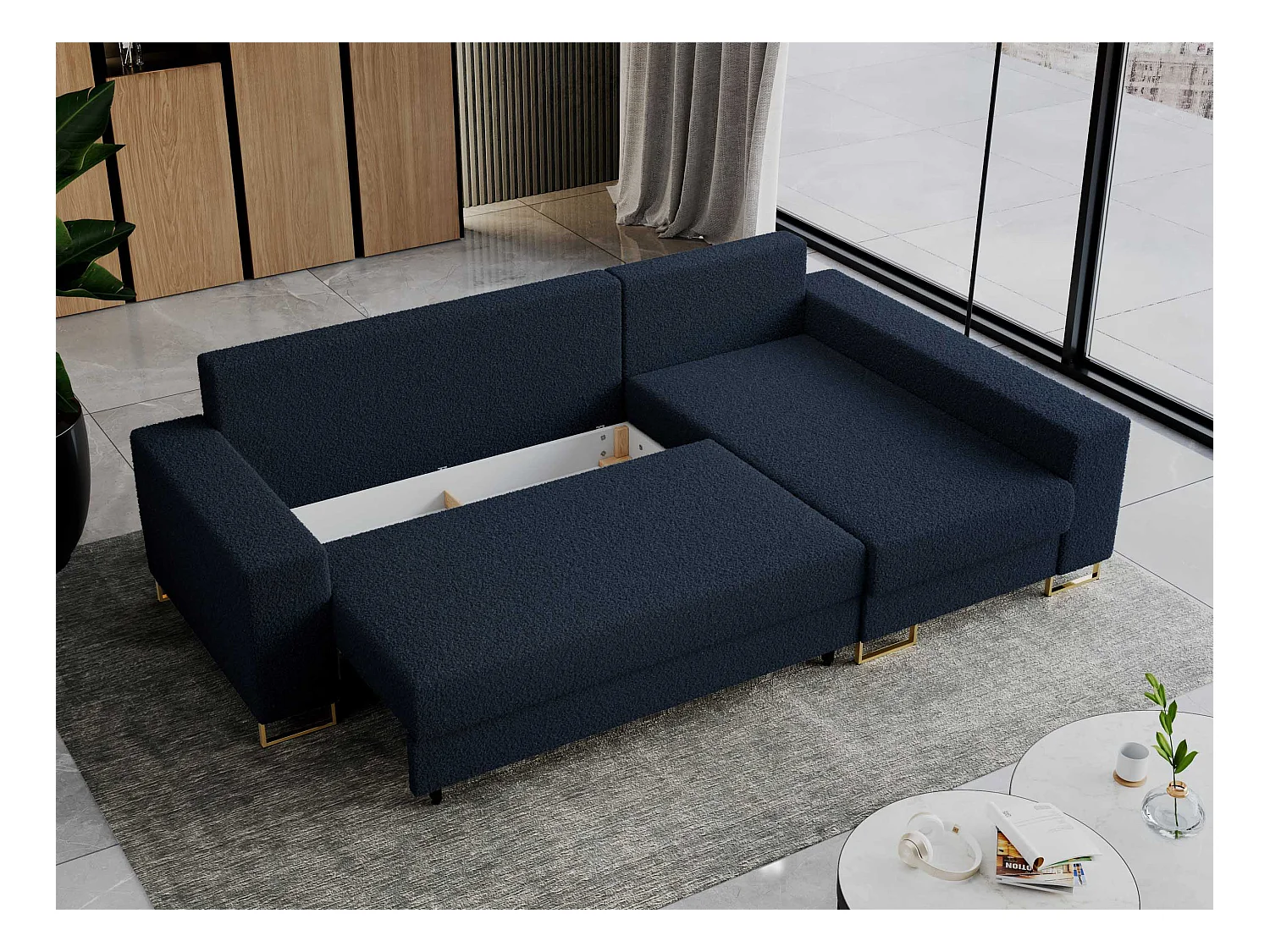 Ecksofa DORIAN - schlaffunktion und Bettkasten, lose Kissen - Dunkelblau Boucle