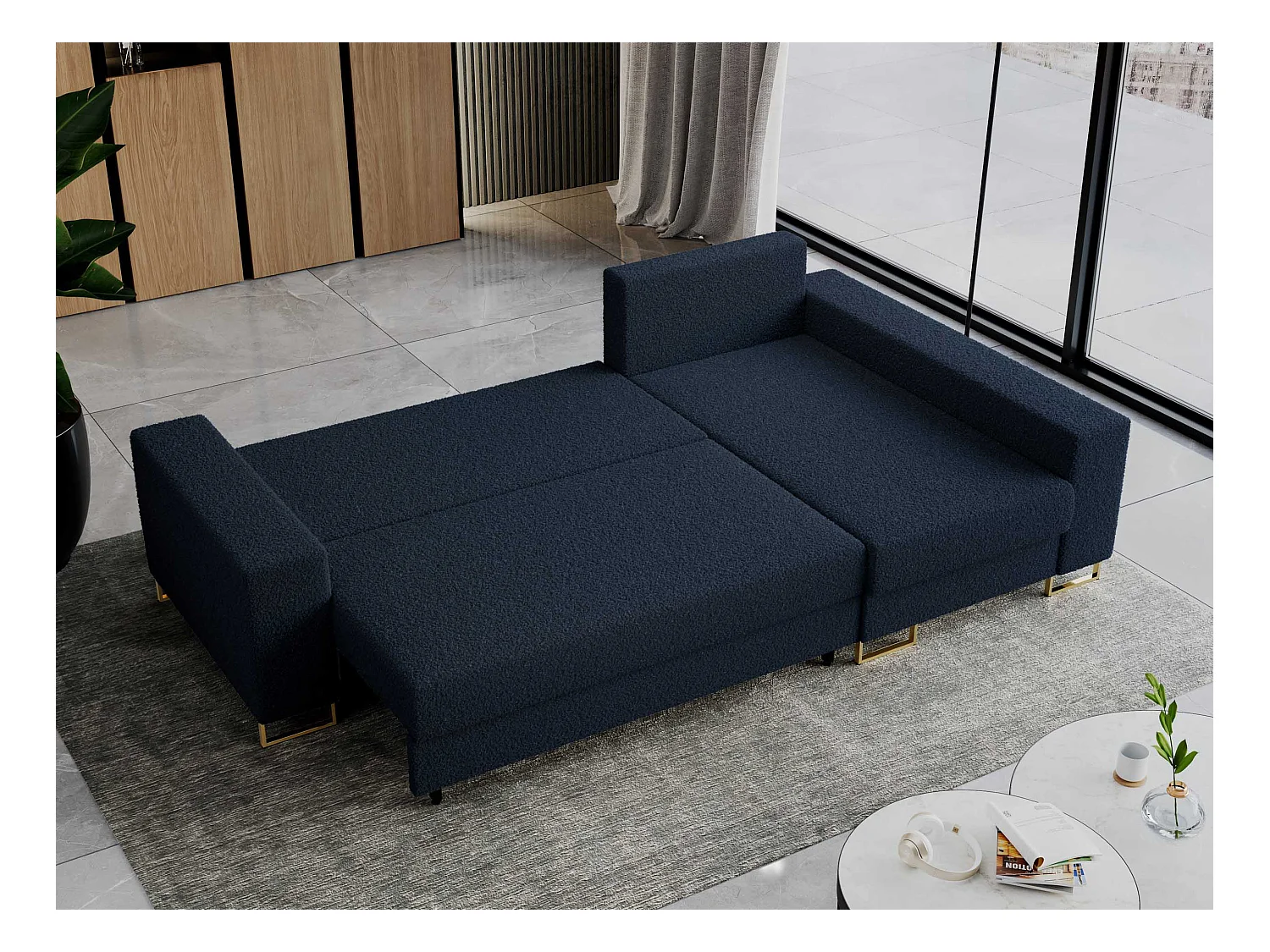 Ecksofa DORIAN - schlaffunktion und Bettkasten, lose Kissen - Dunkelblau Boucle