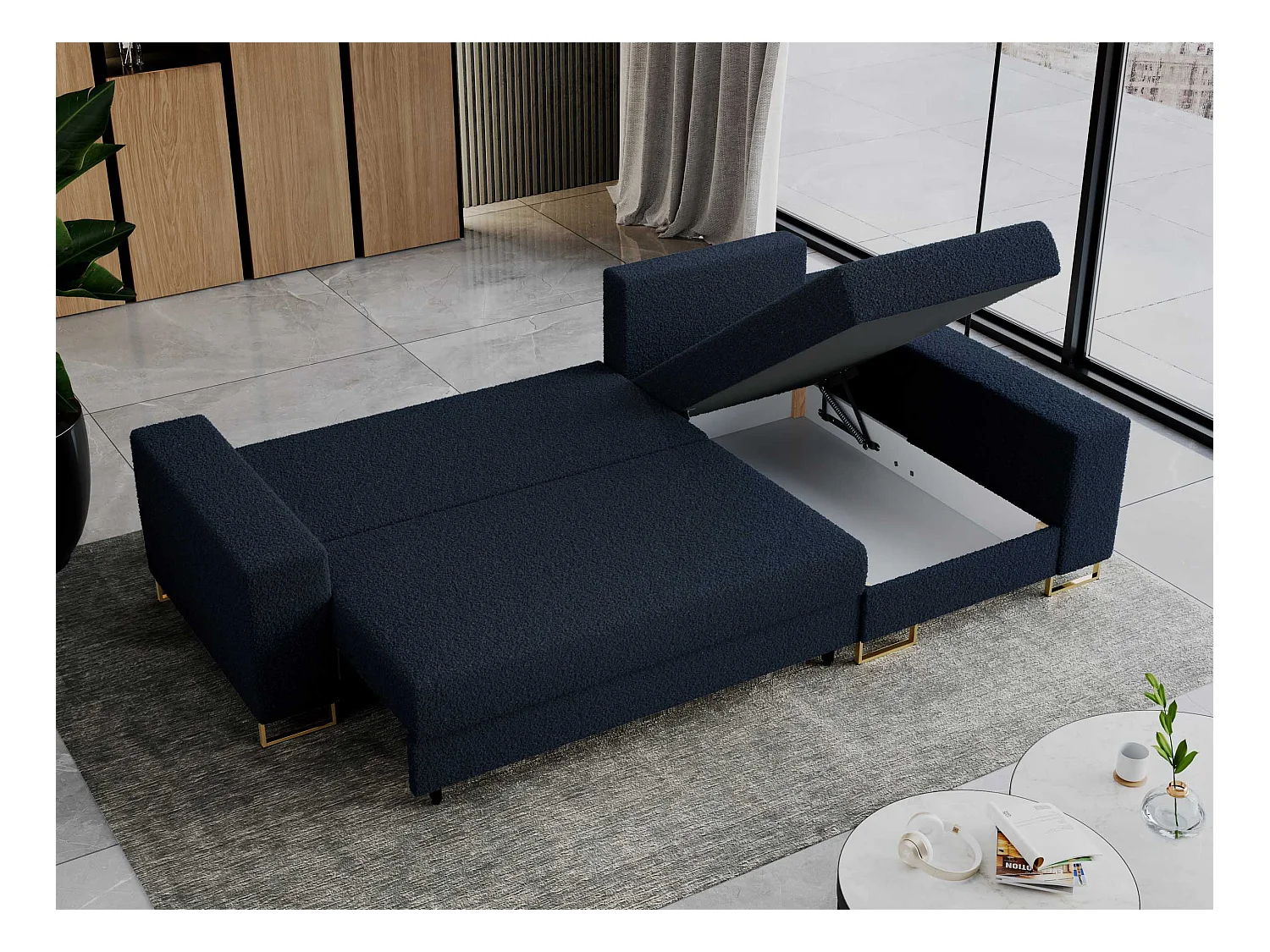 Ecksofa DORIAN - schlaffunktion und Bettkasten, lose Kissen - Dunkelblau Boucle