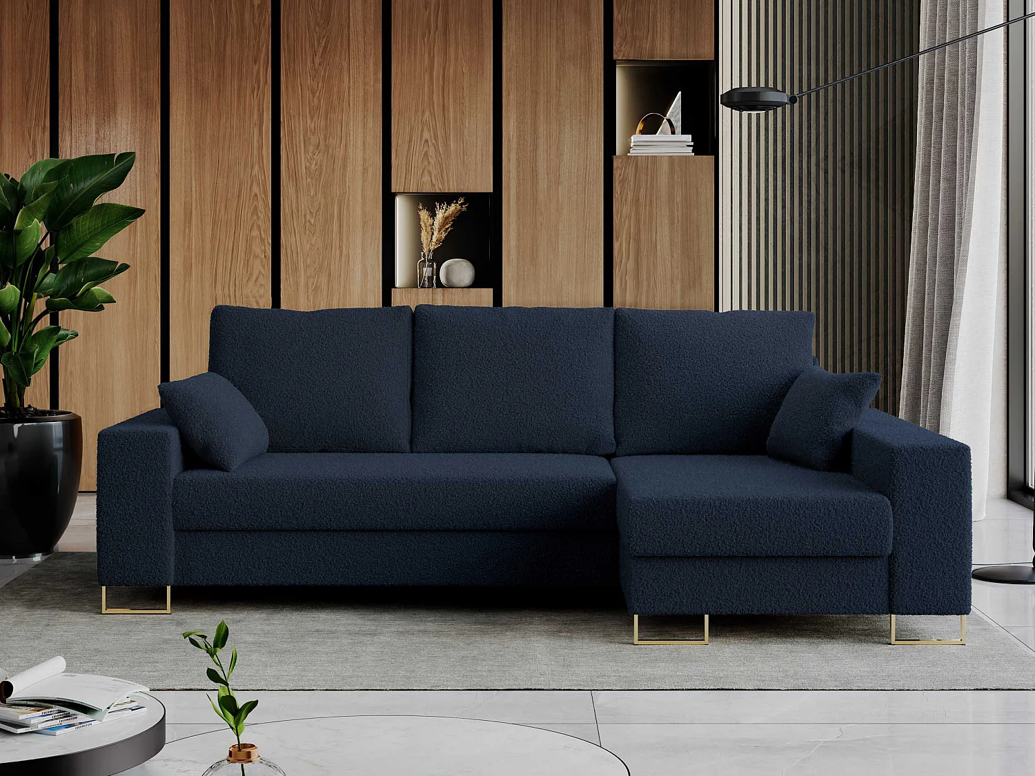 Ecksofa DORIAN - schlaffunktion und Bettkasten, lose Kissen - Dunkelblau Boucle