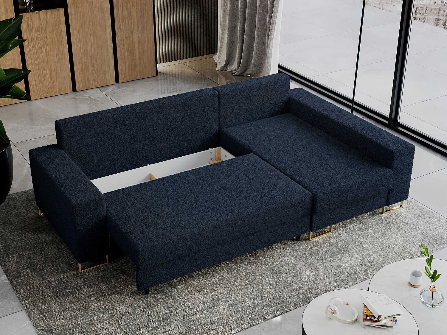 Ecksofa DORIAN - schlaffunktion und Bettkasten, lose Kissen - Dunkelblau Boucle